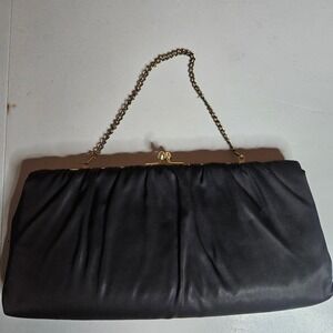 Vintage HL USA Black Satin Ruched Clutch Evening Bag Gold Chain Kiss Lock USA